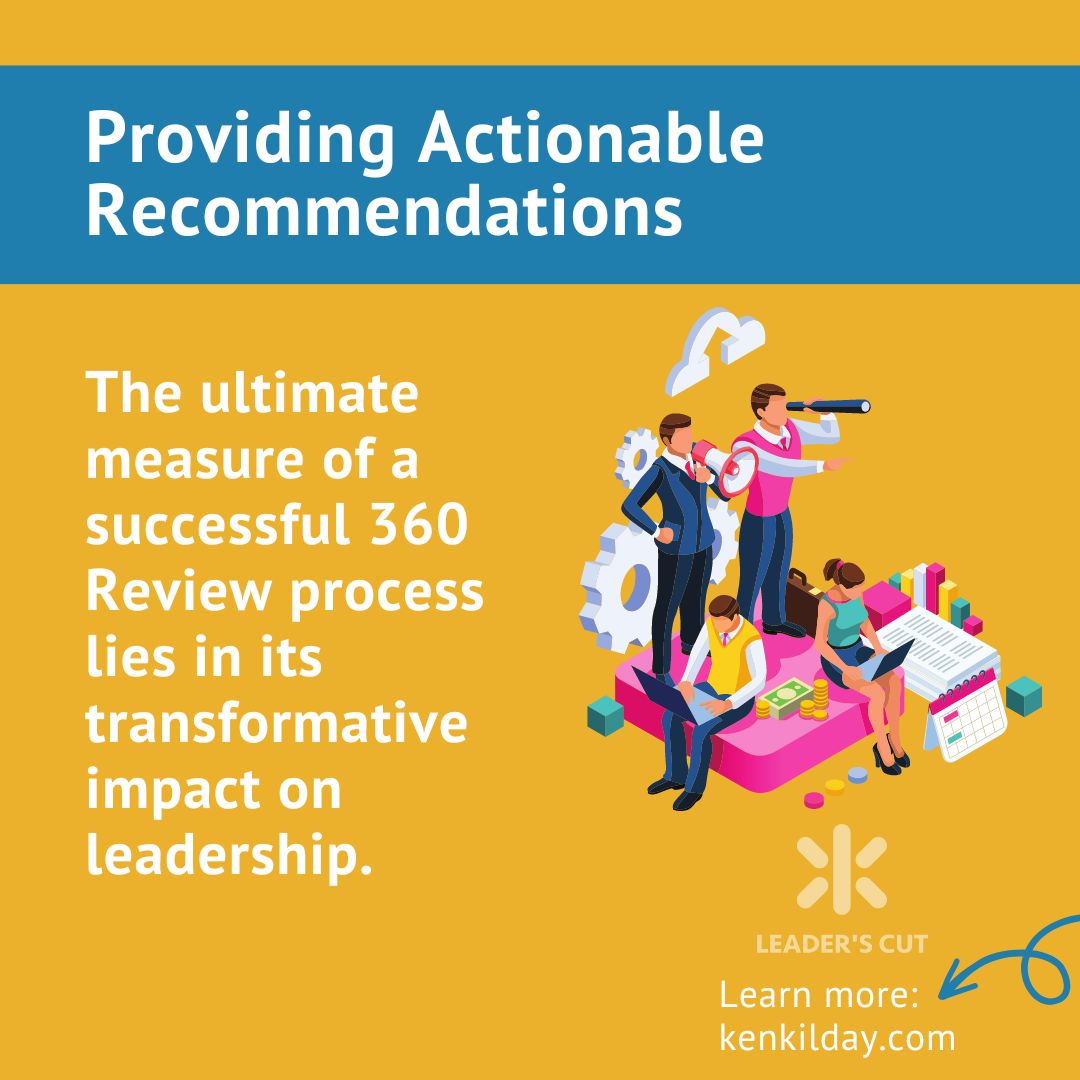 360 review yellow graphic with text highlighting the actionable recommendations you can take.